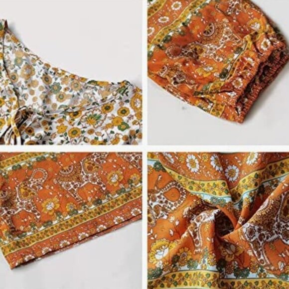 Orange & White Boho Floral Printed Tie V-Neck Loose Flowy Long Sleeve Top Blouse - Picture 5 of 6